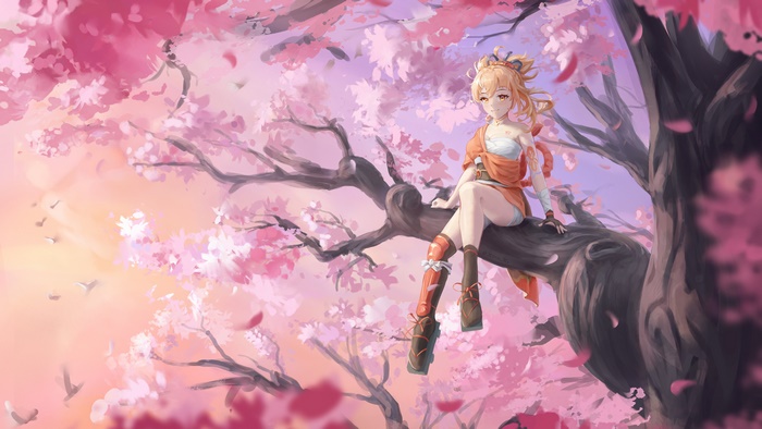 Yoimiya from Genshin Impact in Cherry Blossoms