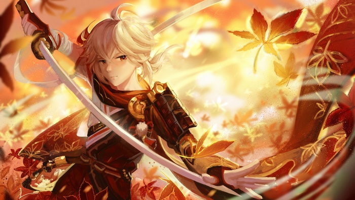 Kazuha from Genshin Impact with swords and leaves