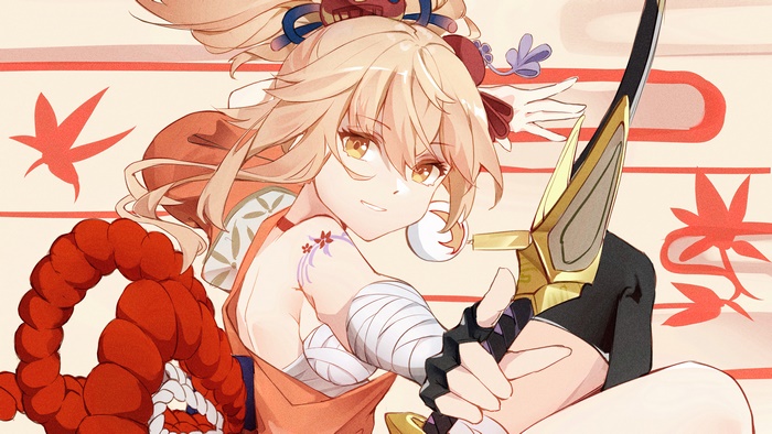 Yoimiya from Genshin Impact with a bow