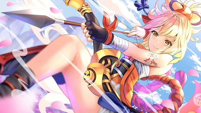 Yoimiya from Genshin Impact with bow and arrow