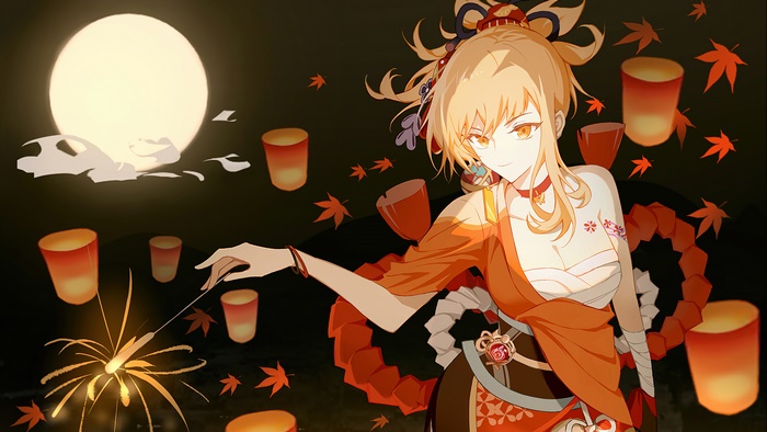 Yoimiya from Genshin Impact with fireworks and lanterns