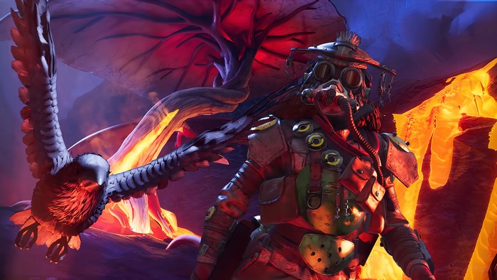 Bloodhound from Apex Legends in a fiery landscape 4K