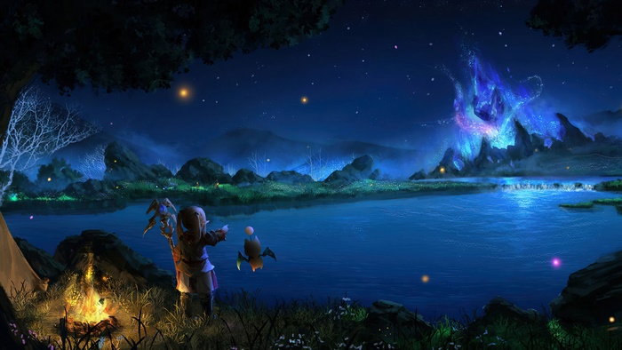 Lalafell from Final Fantasy XIV by a campfire at night