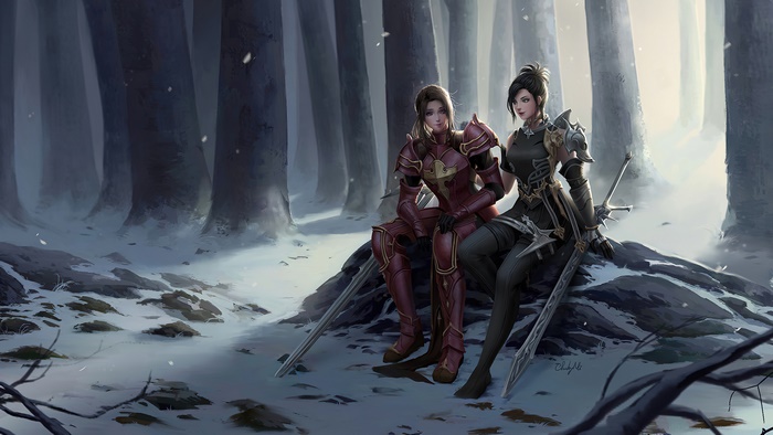 Two female warriors in armor in a snowy forest