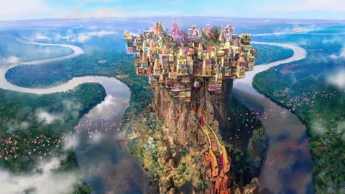 Fantasy city on a cliff overlooking a river