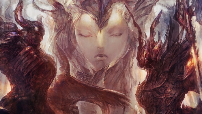 Final Fantasy XIV art with demonic figures and a serene face