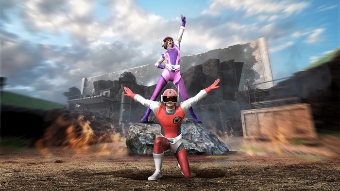 Two Power Rangers in a destroyed landscape