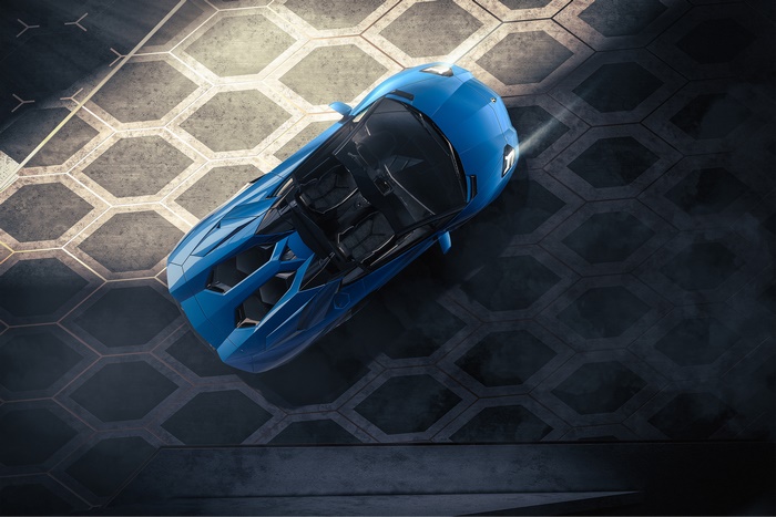 Blue Lamborghini Aventador Ultimae Roadster from above