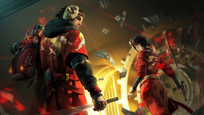 Characters from Garena Free Fire in a bank heist