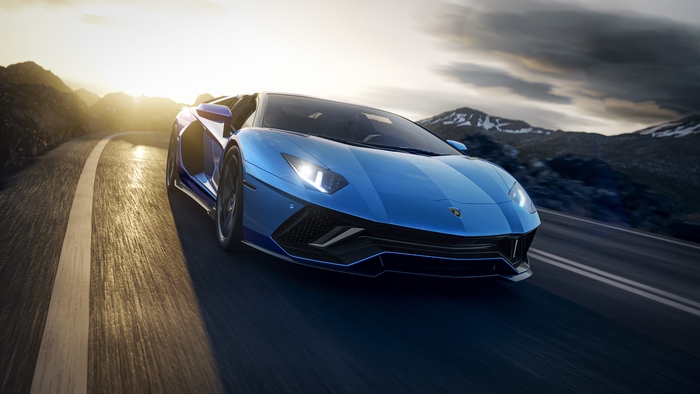 Blue Lamborghini Aventador Ultimae Roadster on mountain road