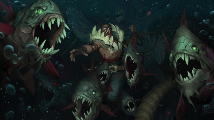 Pyke from Legends of Runeterra surrounded by piranhas