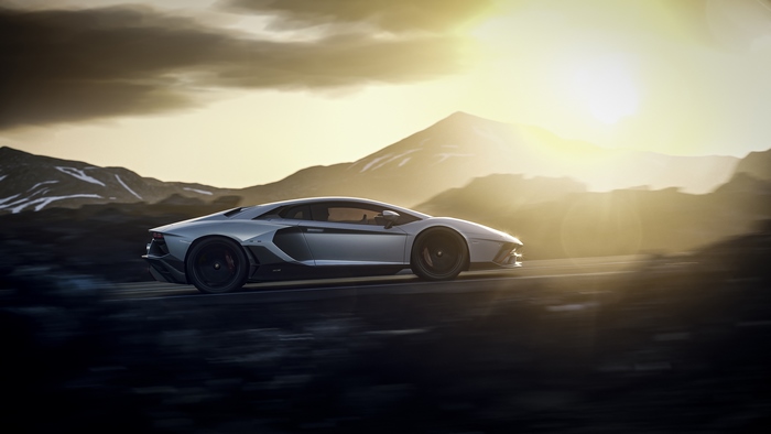 Lamborghini Aventador Ultimae driving at sunset