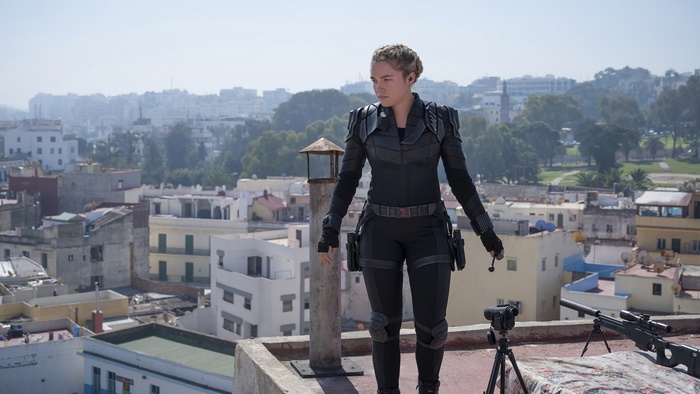 Yelena Belova from Black Widow on a rooftop
