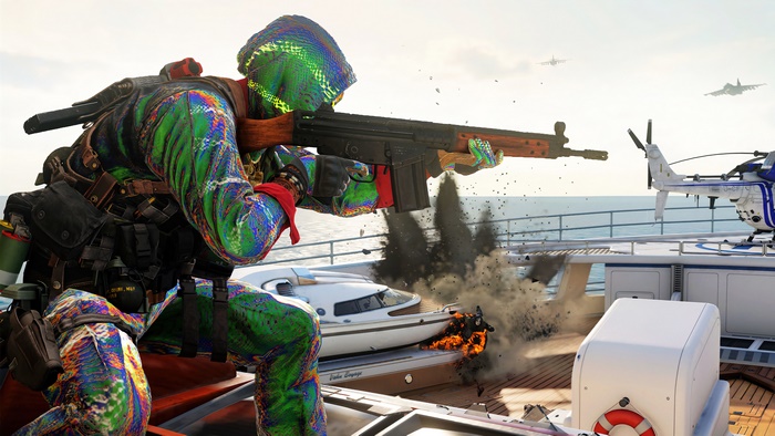 Character from Call of Duty: Black Ops Cold War firing a rifle on a yacht