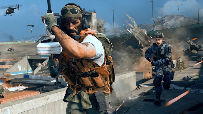 Soldiers in a battle at a stadium in Call of Duty: Warzone 4K