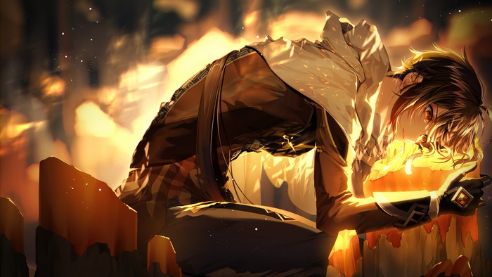 Zhongli from Genshin Impact holding a glowing object