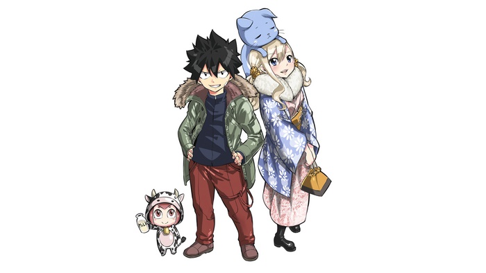 Shiki and Rebecca from Edens Zero with Happy and a cow-themed character