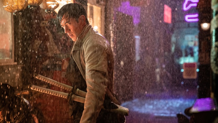 Andrew Koji as Snake Eyes in the rain
