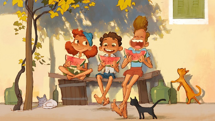 Luca and friends eating watermelon