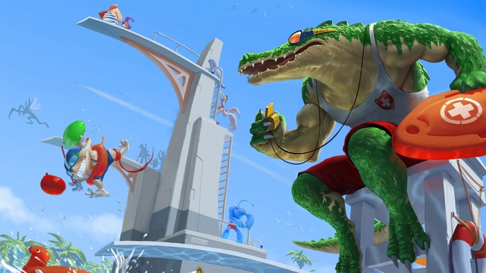 Renekton from League of Legends at a pool party