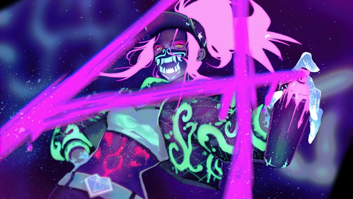 Akali from League of Legends spraying neon paint