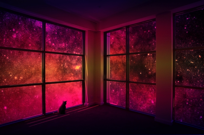 Cat looking out a window at a galaxy