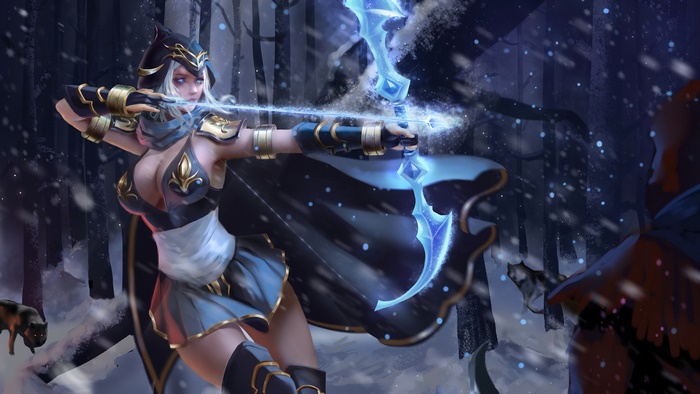 Ashe from League of Legends aiming an ice arrow