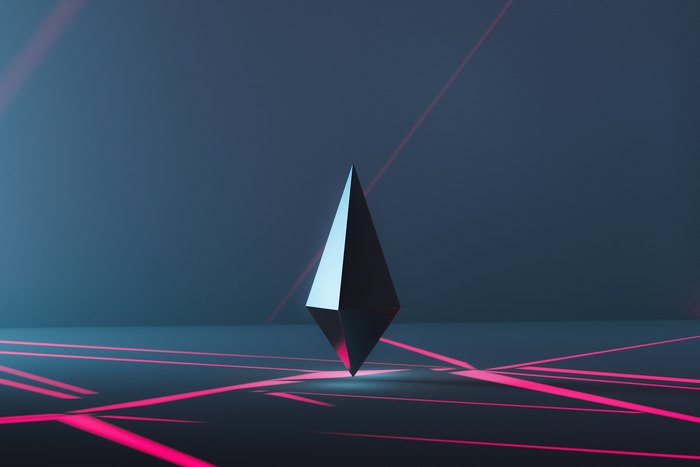Abstract 3D geometric shape with pink light lines