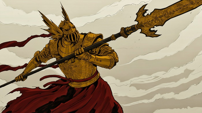 Elden Ring warrior with golden armor and spear