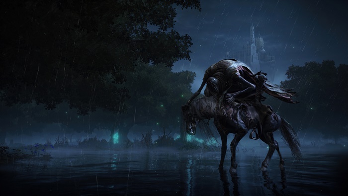 Elden Ring monster on horseback in rainy landscape