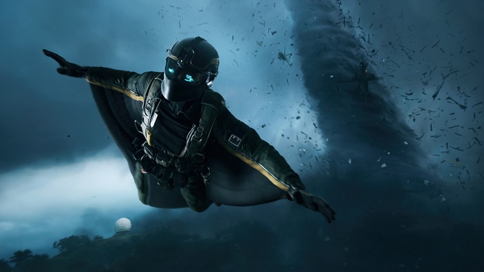 Battlefield 2042 wingsuit player flying near tornado