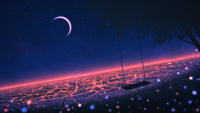 Anime 4K Starry Night Sky with Cityscape and Swing