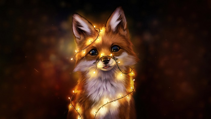 Cute fox with Christmas lights 4K