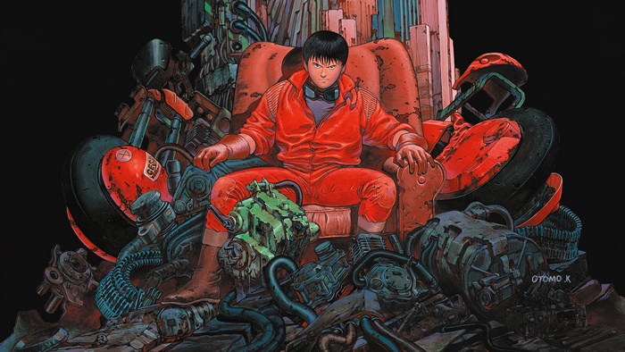 Kaneda from Akira sitting on a throne of motorcycle parts