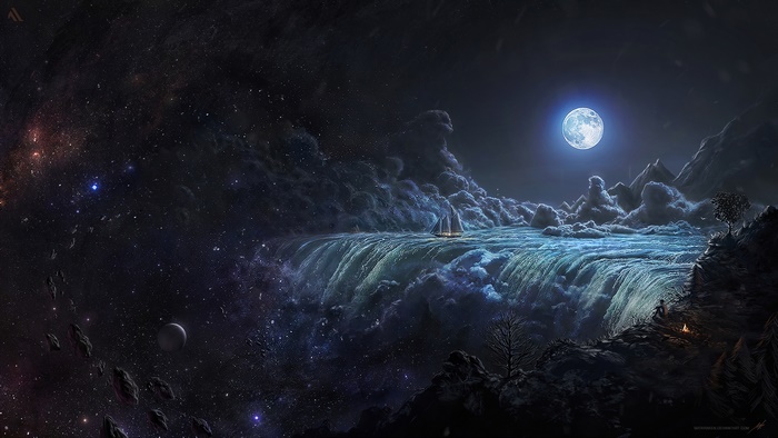 Fantasy Waterfall in Starry Night Sky with Moon