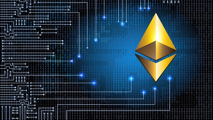 Ethereum cryptocurrency logo with binary code and circuit board