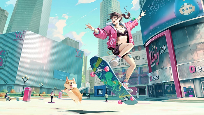 Skateboarding Girl and Corgi in Urban Anime Scene