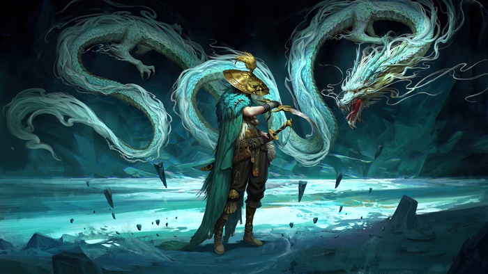 Fantasy warrior facing a dragon