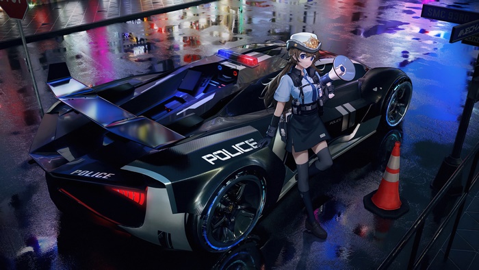 Anime Police Girl with Futuristic Police Car
