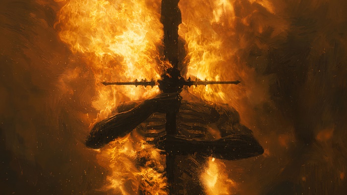 Warrior in Mortal Shell engulfed in flames holding a sword