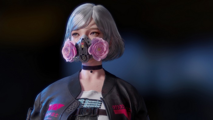 Cyberpunk girl with gas mask and flowers 4K