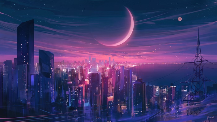 Cityscape at Night with Crescent Moon 4K