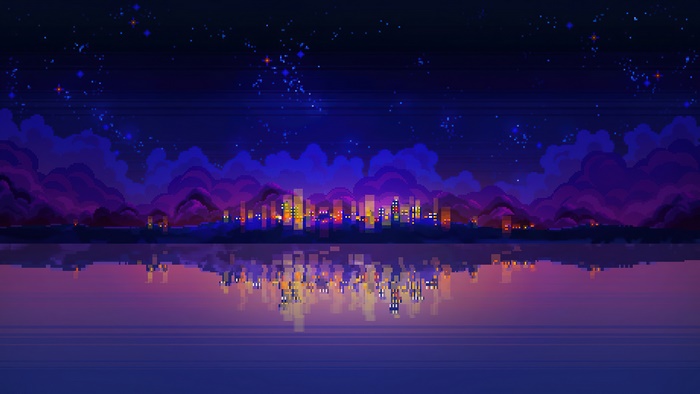 Pixel Art Night City Skyline Reflection 4K