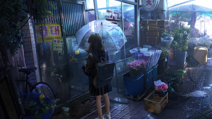 Anime Girl with Umbrella at Flower Shop in