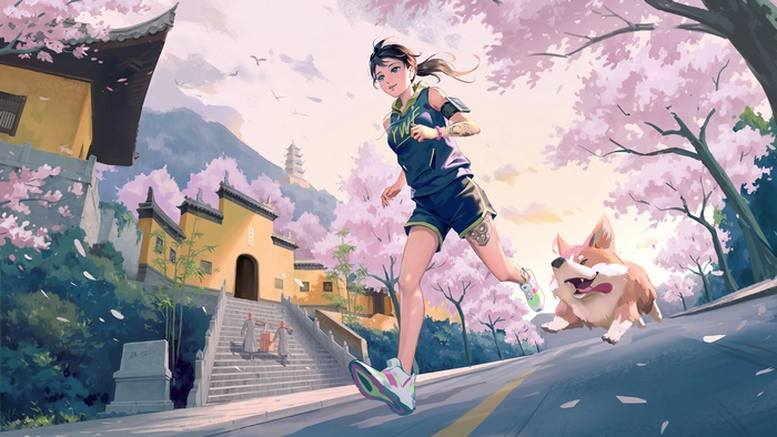Anime girl running with corgi near cherry blossoms and temple