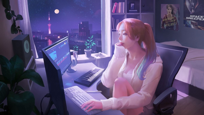 Girl working on computer at night 4K