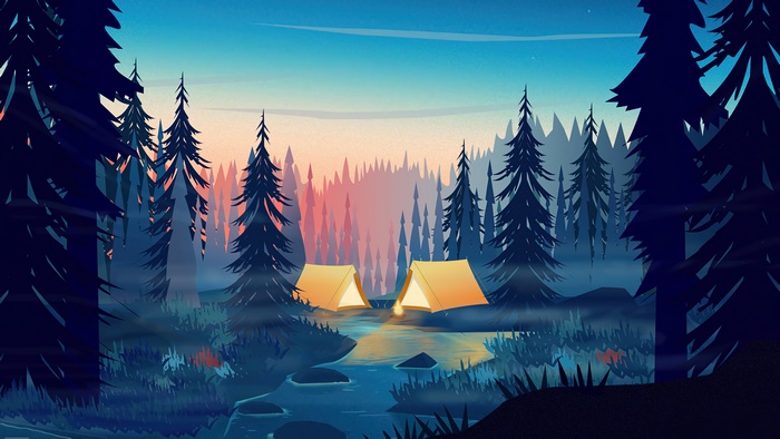 Camping by a river at sunrise with pine trees
