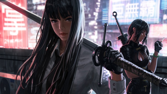 Two female warriors with swords in a city at night