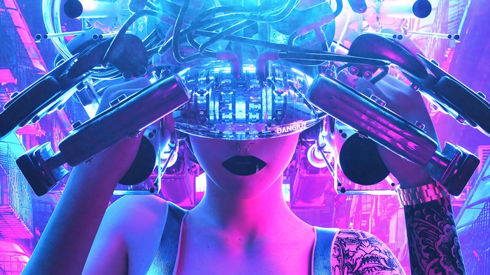Cyberpunk girl with tattoos and sci-fi headgear 4K