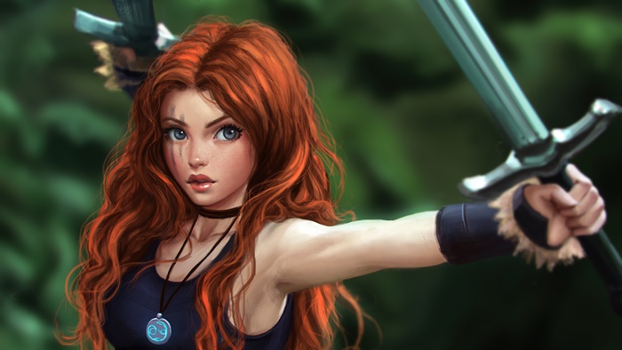 Fantasy warrior girl with red hair and swords 4K